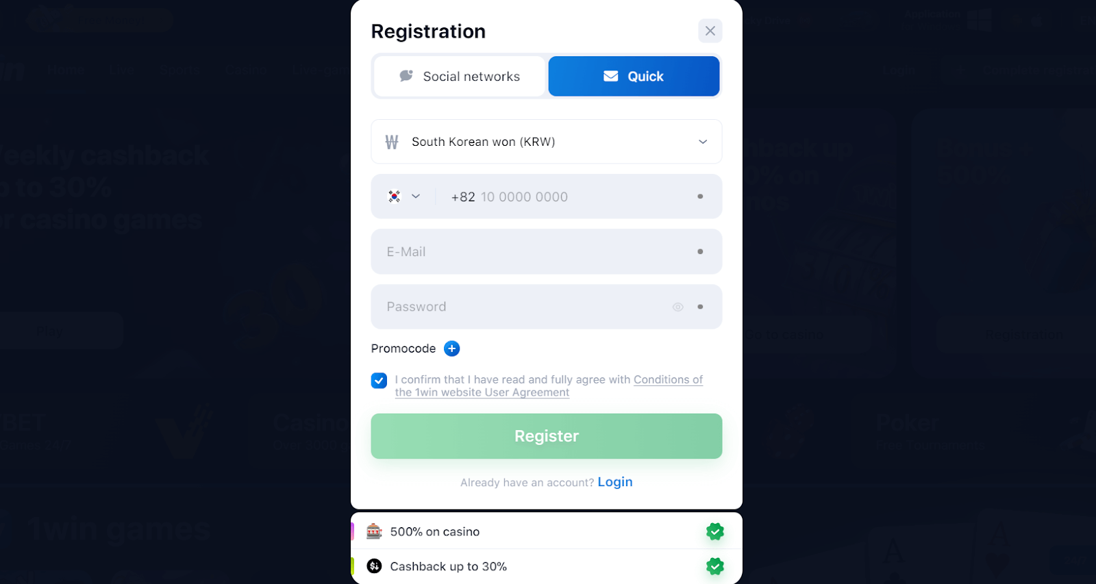 1win registration